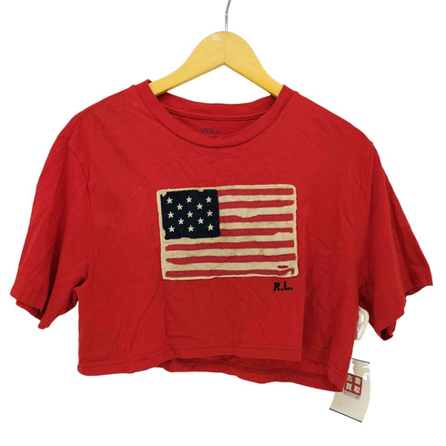 ポロラルフローレン POLO RALPH LAUREN 星条旗 フリンジ ワッペン 刺繍 クロップド リメイク クルーネック S/S Tシャツ レディース import:XL